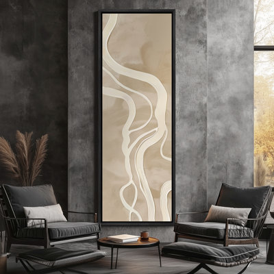 Flowing Harmony II – Organic Beige Abstract Fluid Line Design - Large Framed Canvas Master Bedroom Wall Art Print