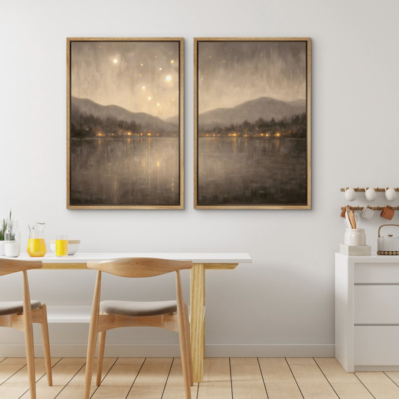 «Golden Night Lake with Mountains and Glowing Lights», reproduction d'art sur toile encadrée dans la chambre principale, 2