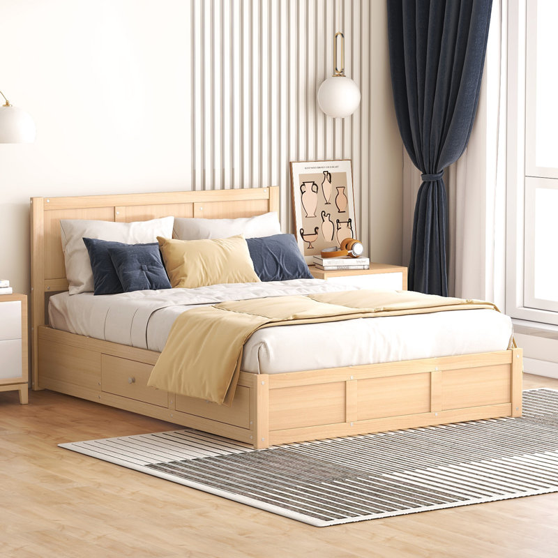 Lit plateforme en bois avec compartiments de tiroir et 2 tiroirs - Mobilier de chambre à coucher de couleur naturelle avec tiroirs de rangement