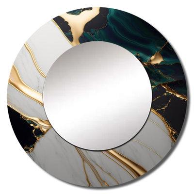 Piccoli Abstract Geode Gold And Green Marble II - Marble Large Mirror, Modern Round Decorative Wall Mirror, Printed Metal Art