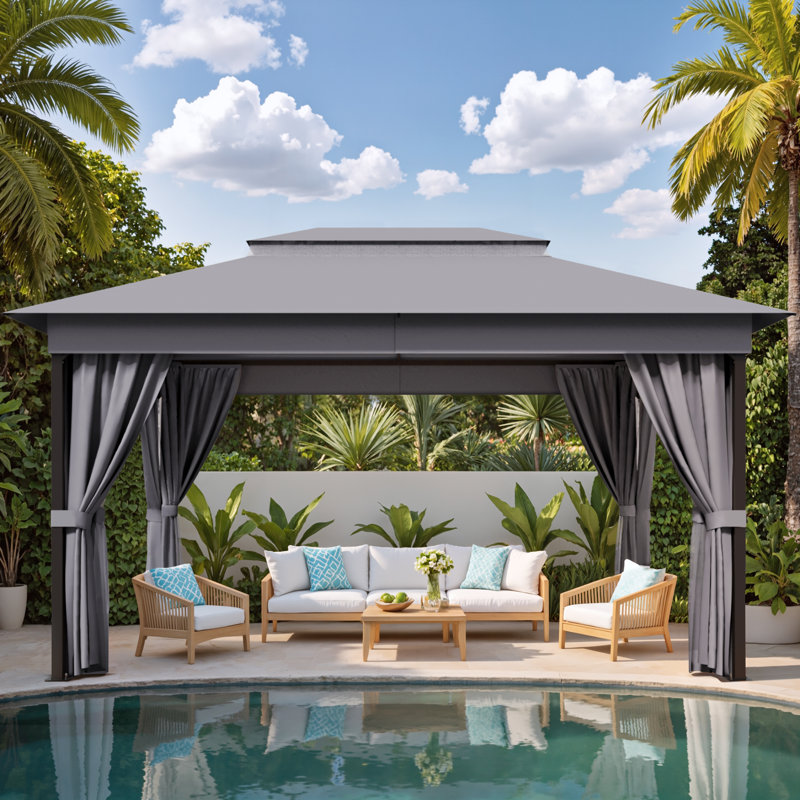 13 Ft. W x 10 Ft. D Soft Top Steel Patio Gazebo with 2-Tier Canopy and Zippered Mesh Netting for Outdoor, Patio, Garden, and Backyard Activities