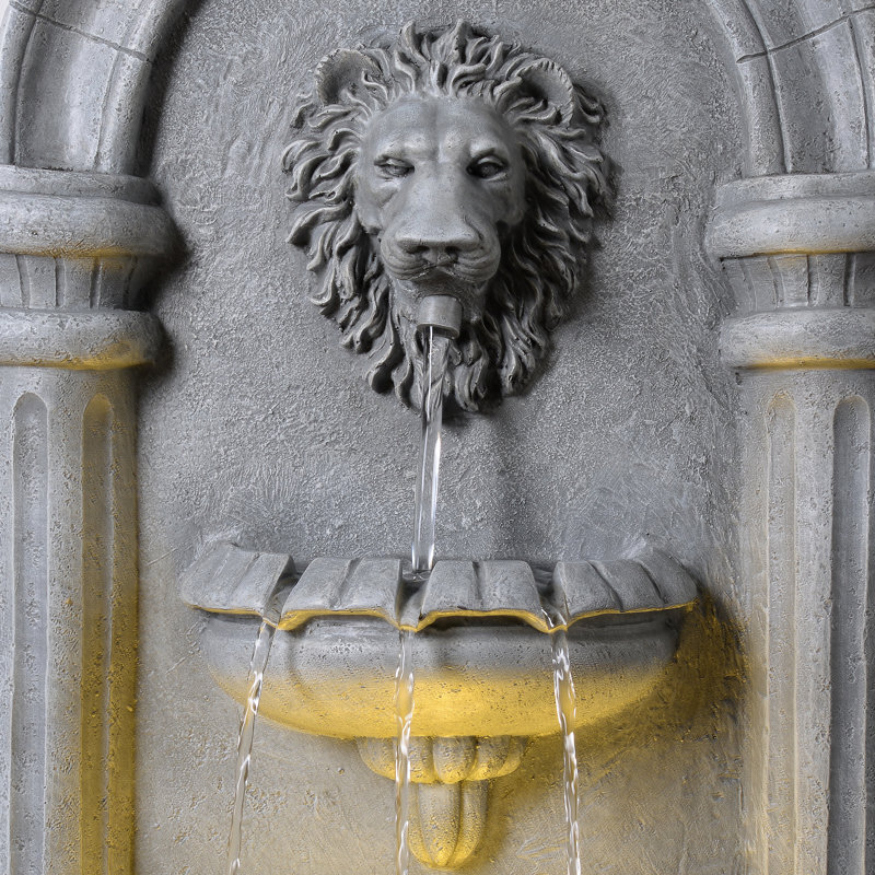 Teamson Home Lion Head Wall-Mounted Garden Fountain Led Lighting, Natural Stone