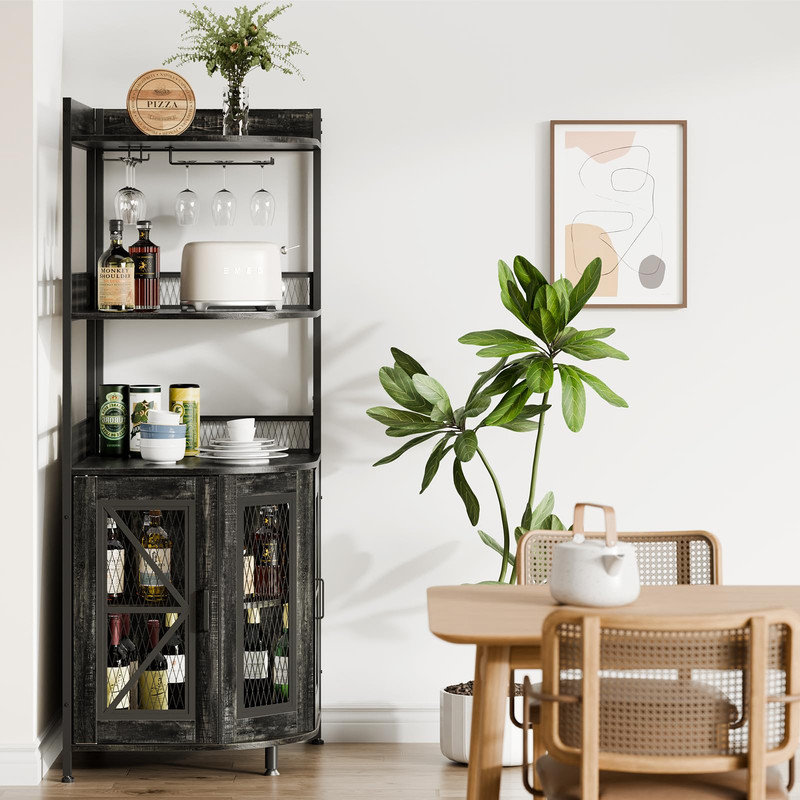 Corner Bar Cabinet with LED Lights & Power Outlet – 5-Tier Wine Storage, Coffee Bar & Display Shelf