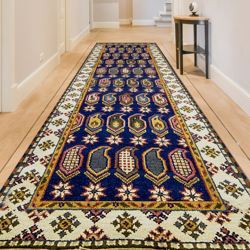 Kazak Wool Paisley Area Rug in Navy/Ivory/Green/Pink