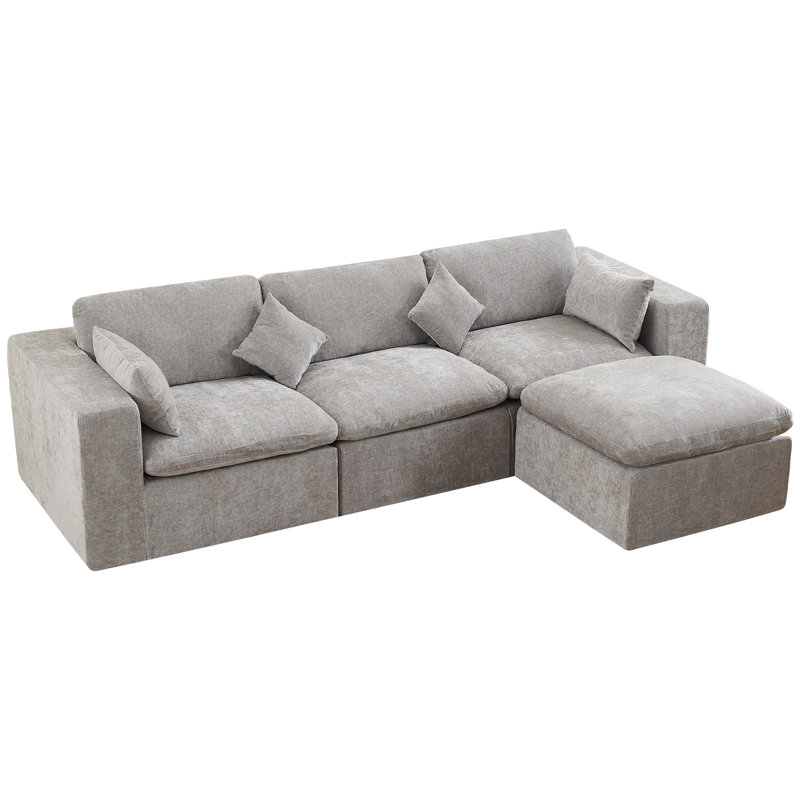Compression Sectional Couch with Ottoman, 4, Light Gray Chenille
