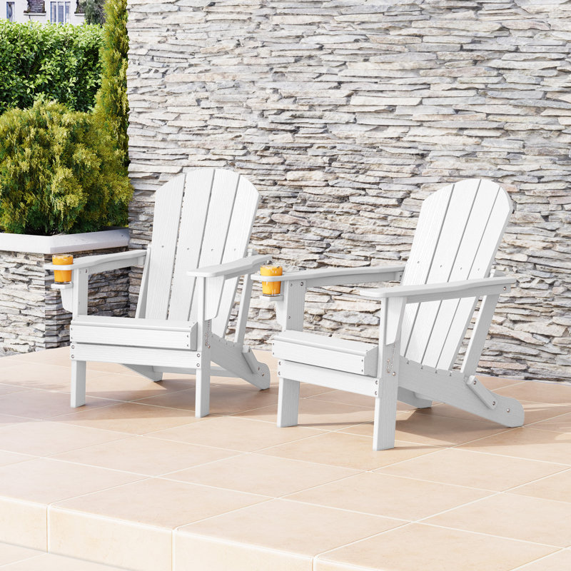 Chaise Adirondack d'extérieur avec porte-gobelet (ensemble de 2), Blanc