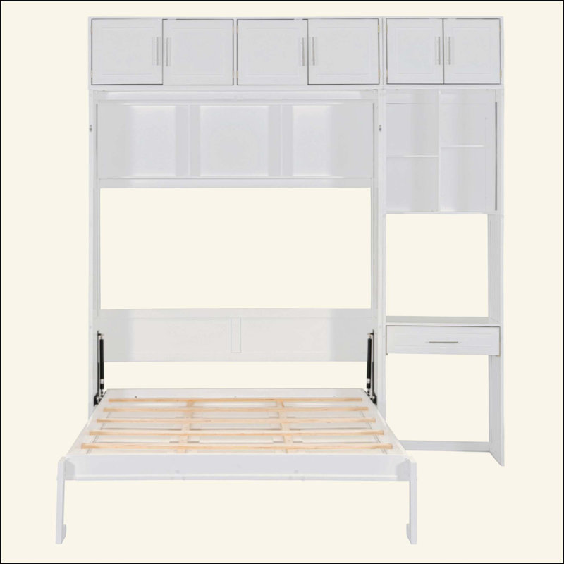 Lit escamotable mural avec bureau, armoire supérieure et tablettes de rangement, lit pliable peu encombrant, Full, White