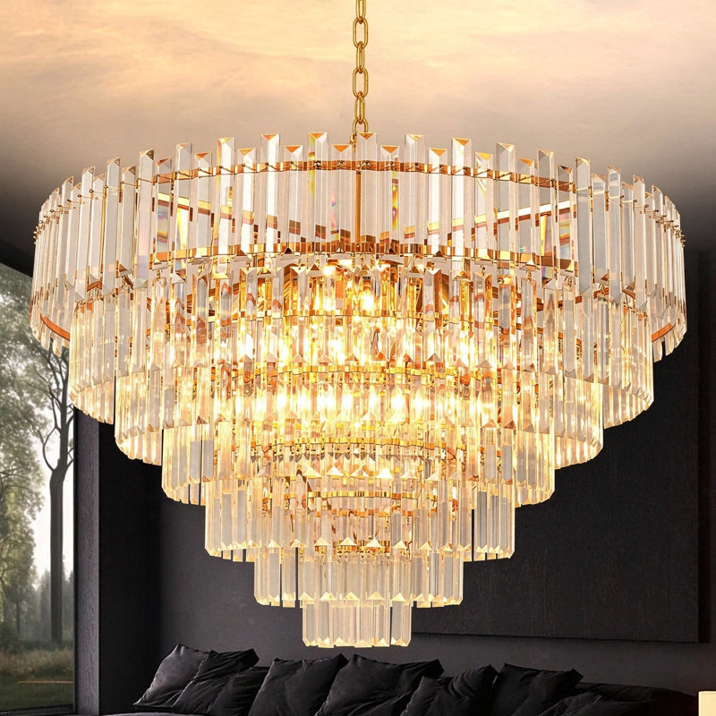 Gold Round Crystal Chandelier, Gold Metal Frame with K9 Crystal, Adjustable Hanging Chain, Modern Luxury Pendant Light for Dining Room Living Room Foyer, 17-E12 Base