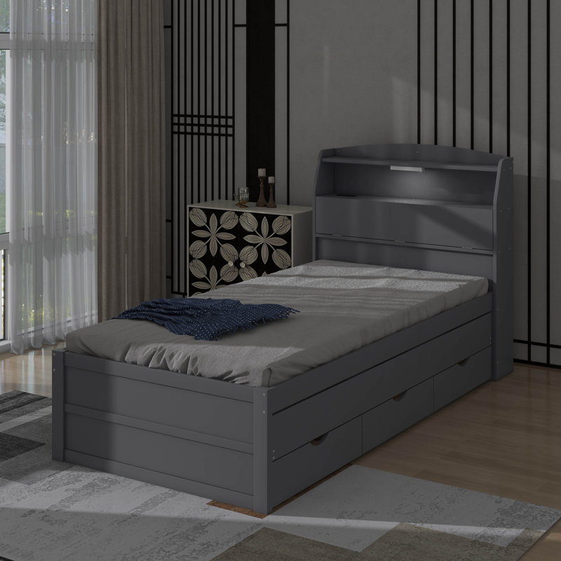 Lit plateforme en bois à DEL avec tiroirs, tête de lit et lit gigogne, Lit simple, Gris