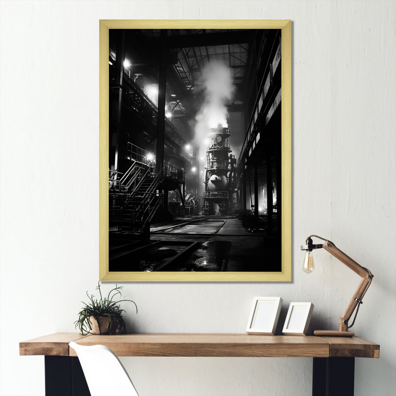 Paysage industriel en obsidienne - reproduction, Cadre doré simple, H 20 po x l 12 po x P 1 po