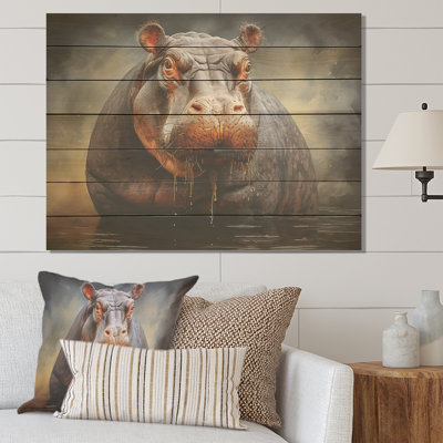 Grey Majestic Hippo Elegance I - Hippopotamus On Wood Print