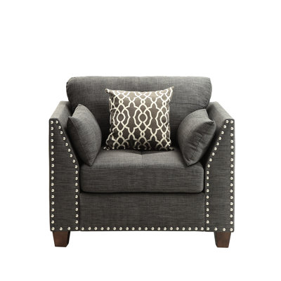 Charcoal Linen Armchair W/3 Pillows - Cushion, Nailhead Trimmed Base, Pocket Coil Seat, Wooden Block Legs Sitting Chair , Wood Legs, Trim Details