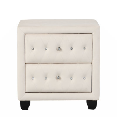 Modern Style Crystal Tufted 2-Drawer Nightstand Upholstered With Velvet Fabric Made With Wood In Cream
