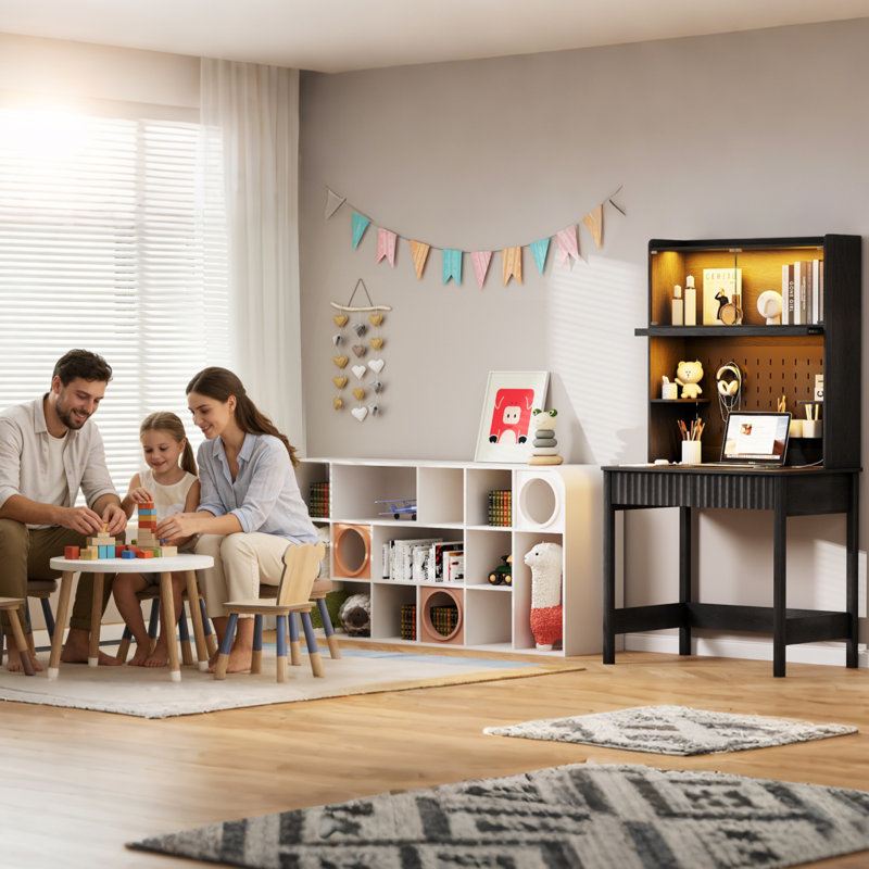 Computer Desk with Power Outlet and Tri-Color Light, Black