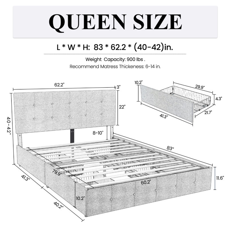 Silvester Modern Upholstered Platform Storage Bed with Wooden Slats, no box spring needed, Queen