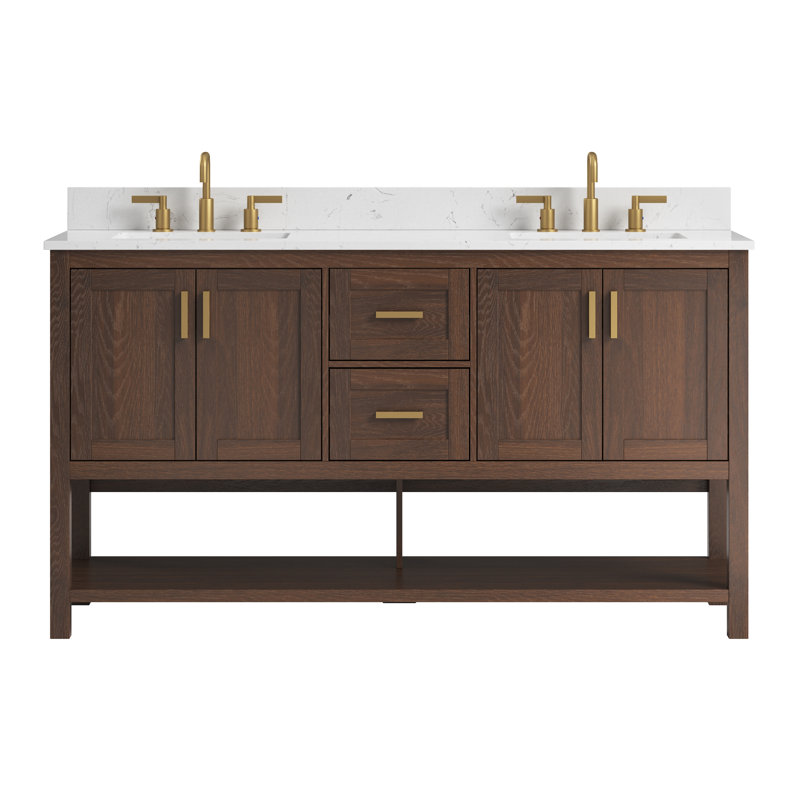 Aastha 61" Freestanding Walnut Bathroom Vanity With Double Sinks & Engineered Stone Top, 61"