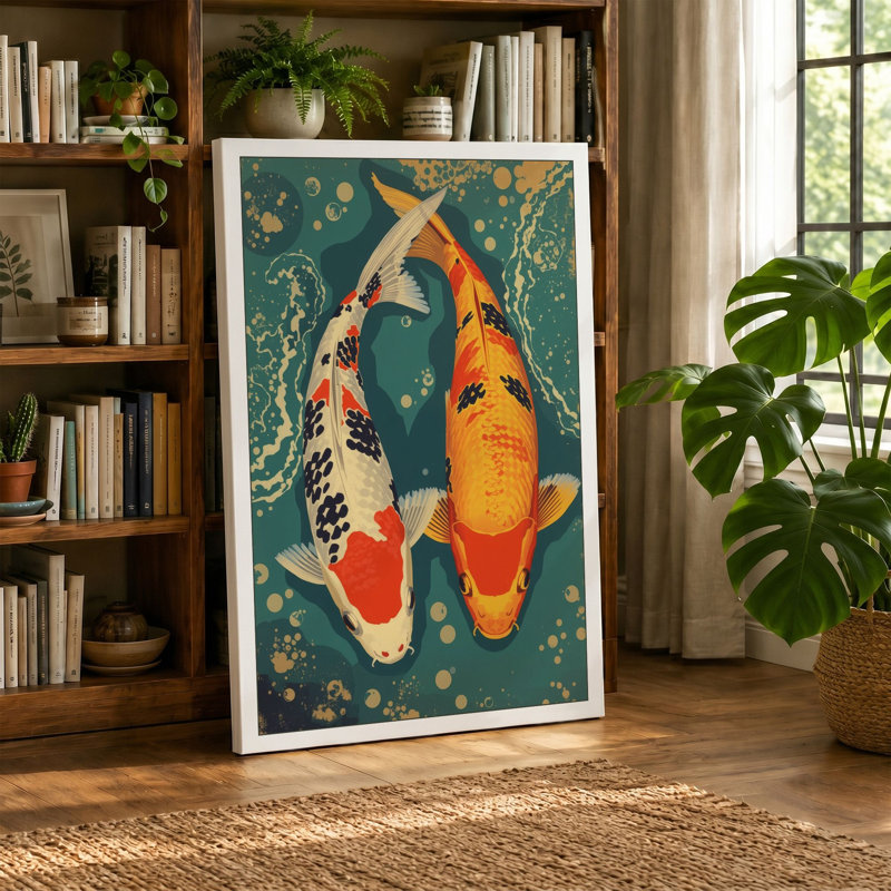 Koi in Motion Modern 1 Piece Wrapped Canvas Wall Art, 30x20 - 76.2 x 50.8 cm, Taupe Border