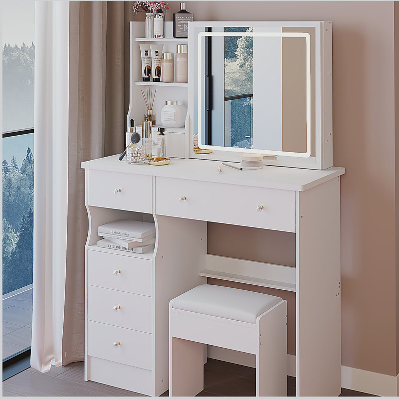 Meuble-lavabo de 37 po de taille moyenne avec tiroir de gauche et tabouret rembourré, grand tiroir, commande tactile, interrupteur tricolore, miroir à luminosité réglable, rangement grande capacité, convient aux grands espaces