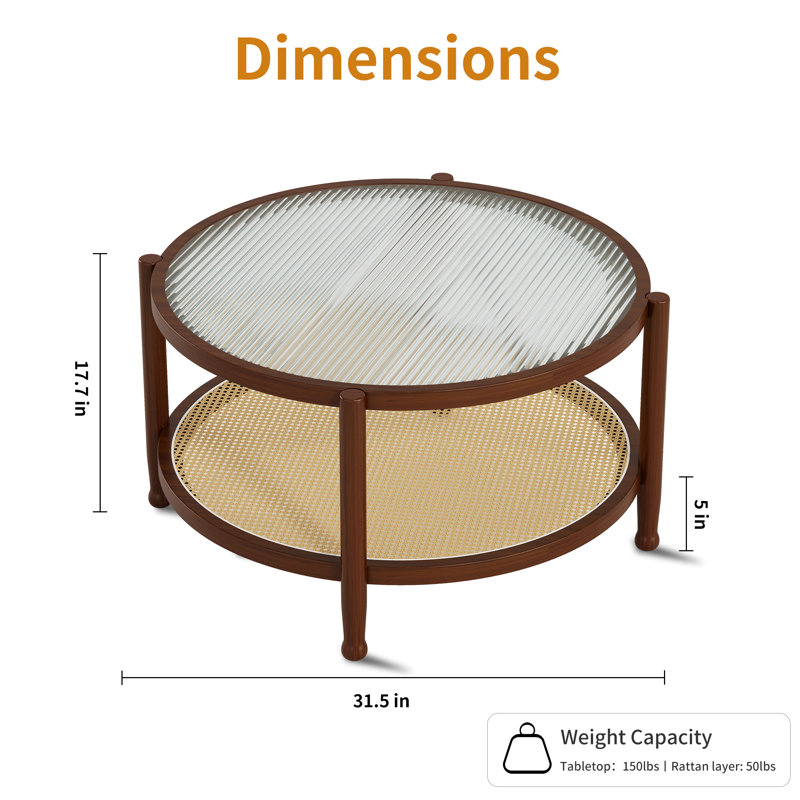 Bay Isle Home Round Rattan Coffee Table with Glass Top, 17.7"H x 31.5"W x 31.5" D, Walnut