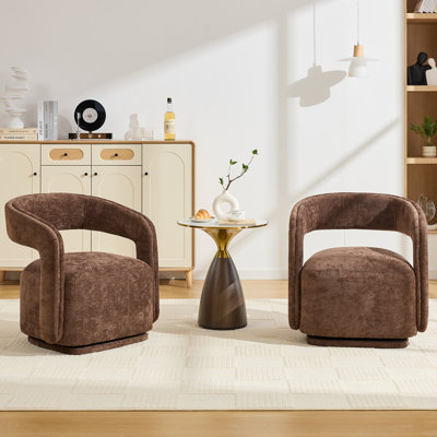 Set Of 2 Chenille Fabric 360° Swivel Accent Armchair, Upholstered Barrel Leisure Chair With Open Curved  Backrest