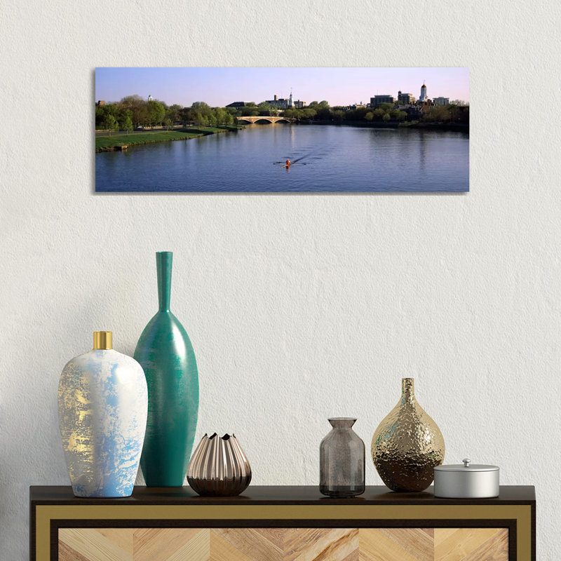 Boat In A River, Charles River, Boston & Cambridge, Massachusetts, USA - Wrapped Canvas Panoramic Print