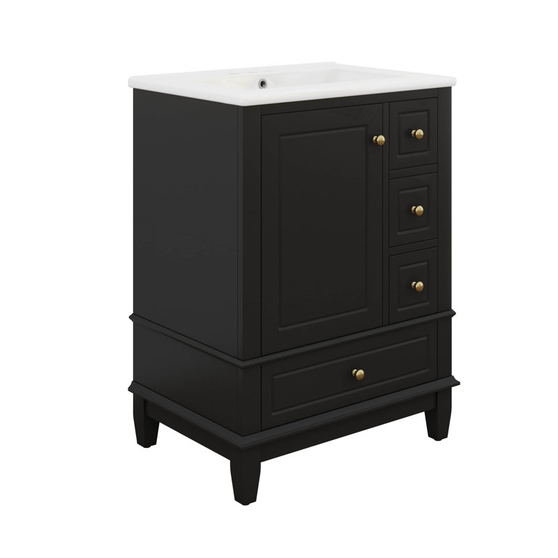 Ensemble de meuble-lavabo autoportant 24 po avec 3 tiroirs et une porte avec supports de rangement 24 po, Noir