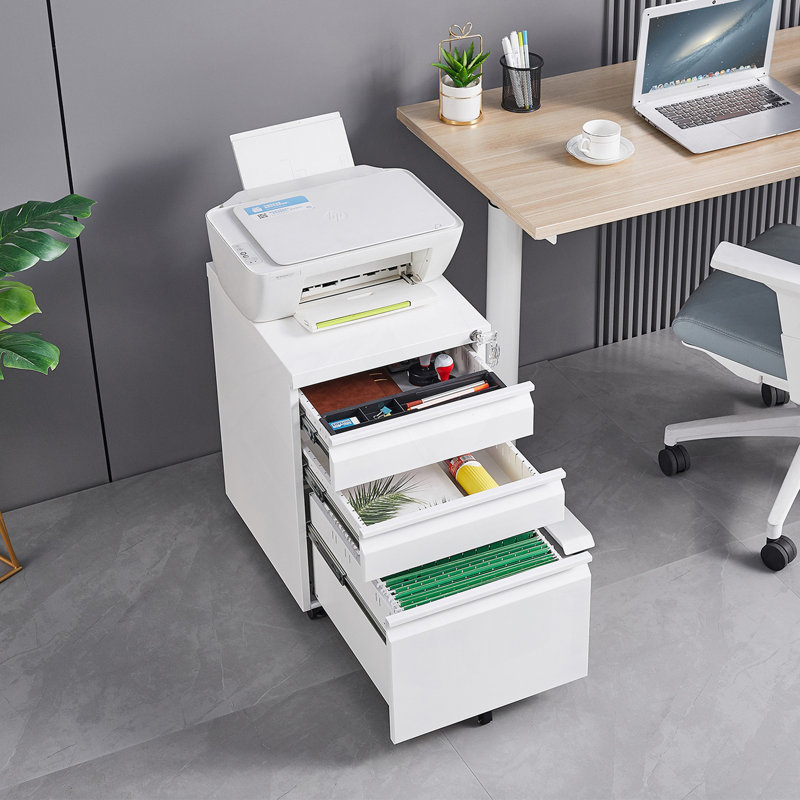 3-Drawer Mobile Filing Cabinet With Lock, Office Storage Filing Cabinet, White