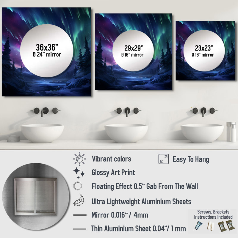 Vibrant Northern Lights - Aurora Borealis, grand miroir mural carré pour chambre à coucher, 29 po x 29 po