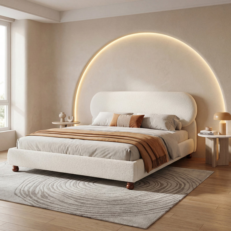 Lit tapissier crème avec pieds en bois d'hévéa crème, Très grand lit