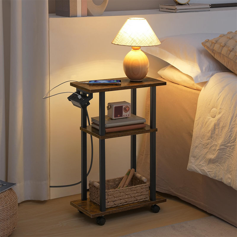 Narrow, Charging Station, Thin, USB Ports And Outlet Side Table with Storage