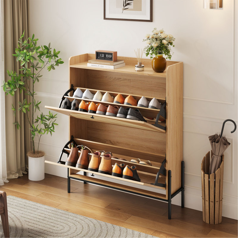 2-Drawer Wooden Shoe Cabinet With Rattan Doors / Narrow Freestanding Storage Organizer For Entryway, Bouguer Walnut