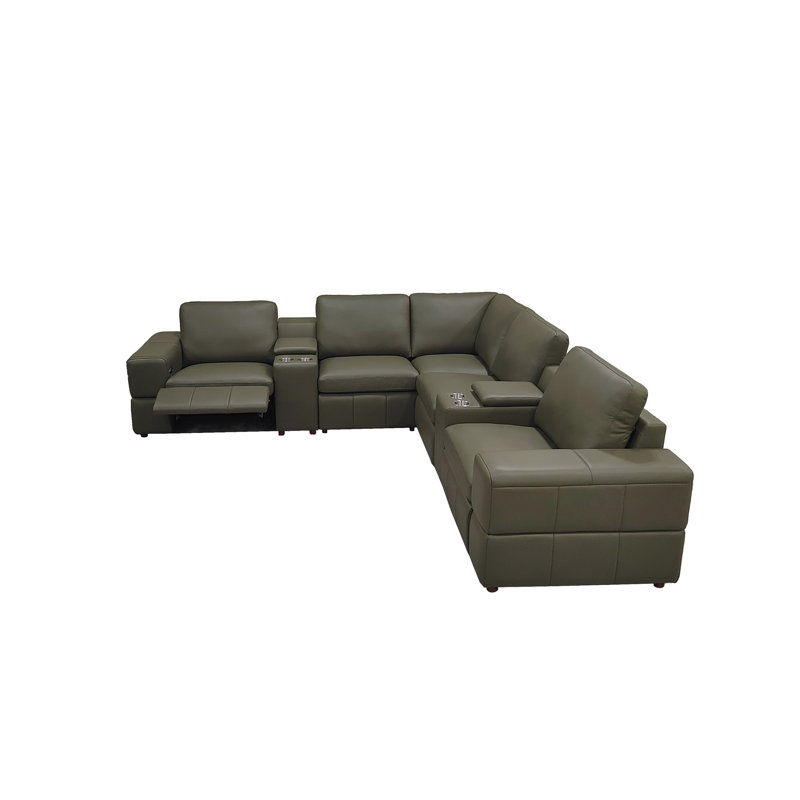 Canapé modulaire en cuir de première qualité avec accoudoirs assortis et deux sièges inclinables, Olive Green