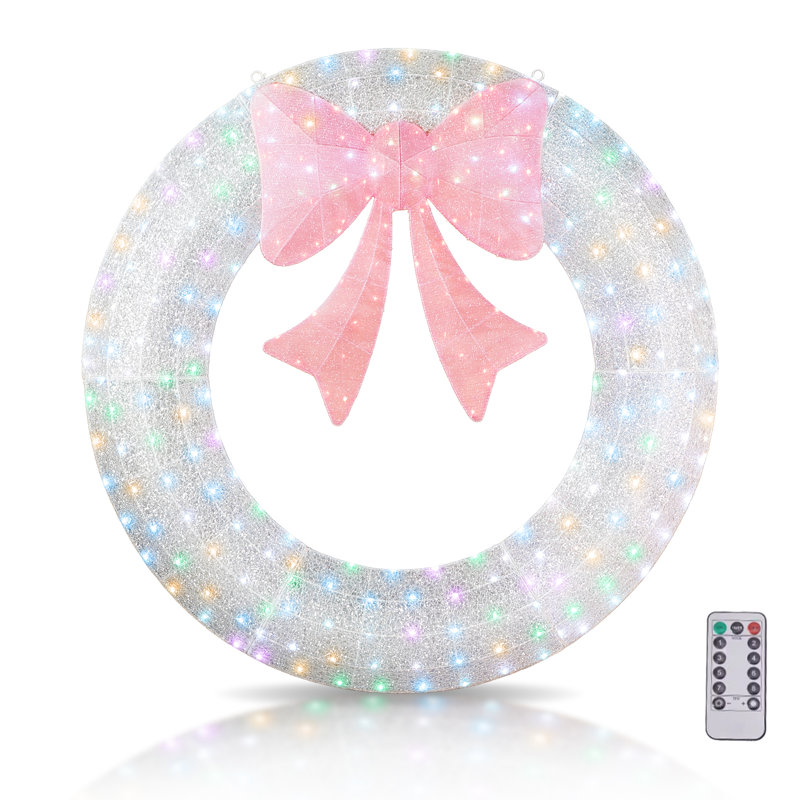 60'' Lighted Silver Christmas Wreath With Pink Bow Multi-Light Colour And Mode