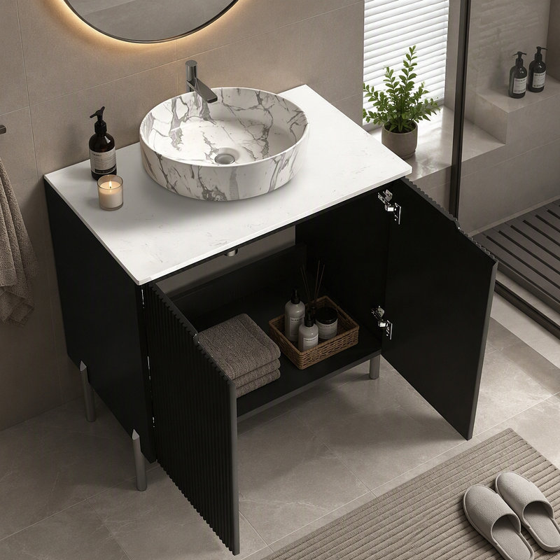 Meuble-lavabo autoportant 30 po avec lavabo, grande vasque de rangement pour salle de bain moderne, lavabo une pièce sans drain et robinet, KD