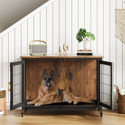 Meuble de rangement pour chien en bois robuste de 37,5 pouces pour chiens de taille moyenne jusqu'à 66 lb Cage de chenille intérieure Roues verrouillables Plateau amovible Table de bout élégante et fonctionnelle pour le salon