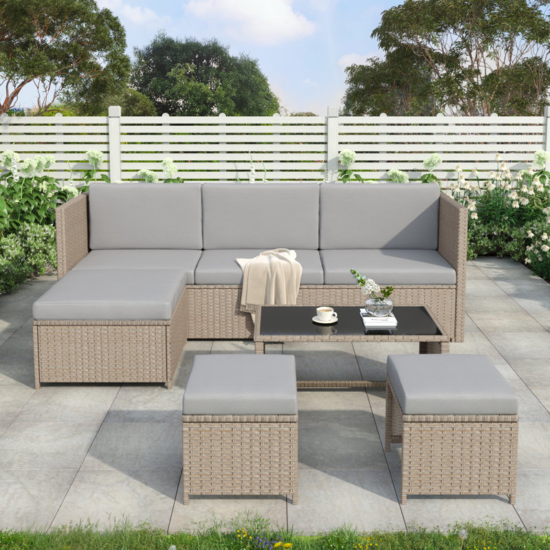 Rattan Look Patio Lounge Set - Uv-Coated Poly Rattan, Powder-Coated Steel, Washable Cushions, Light Grey Cushions/Khaki Frame
