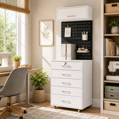 78.9" H Tall Mobile File Cabinet with Pegboard, 5 Drawers, Lockable Drawer, Printer Shelf and Locking Casters