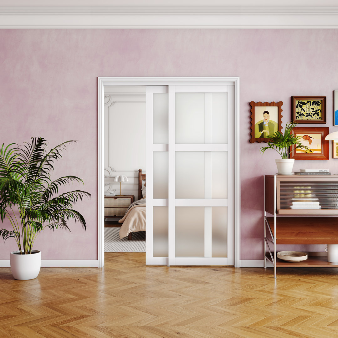 Sliding Closet Door, 3-Lite Frosted Glass Sliding Door with Hardware Track Kit & Floor Guide, Pre-Drilled Door Panel Need to Assemble, MDF, White CHIC MODE