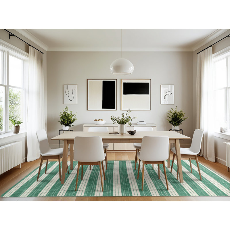 Machine Washable Horizontal Stripes Green Area Rug, Rectangle 7' x 10'