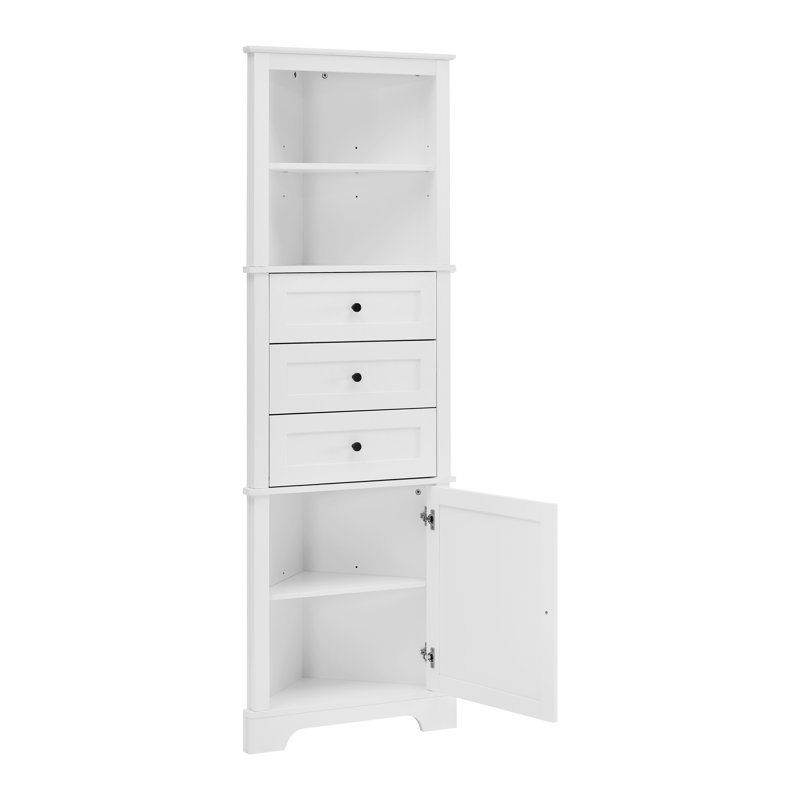 Traditional Tall Corner Cabinet, 68.9"H Freestanding Storage Unit With 3 Drawers & Adjustable Shelves, White