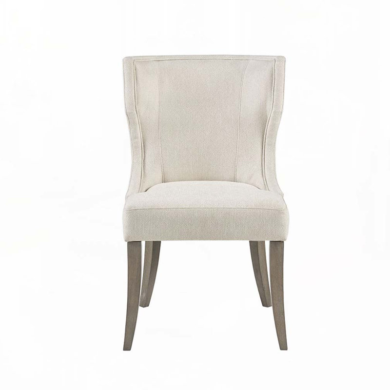Chaise de salle à manger rembourrée en polyester avec dossier à oreilles rembourré, pieds en bois, Crème, crème, Naturel