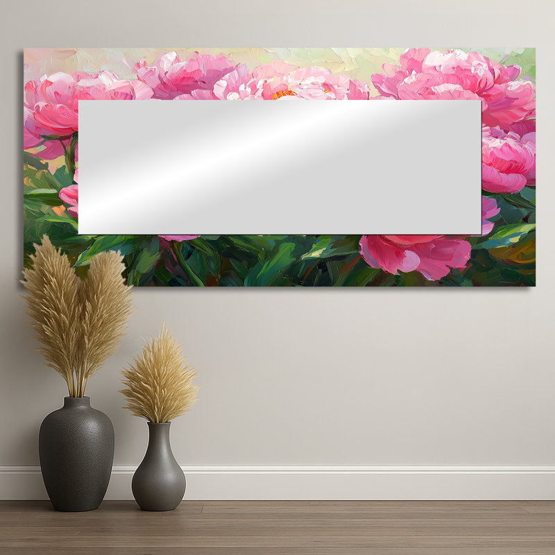 Pivoines par le champ de printemps I - miroir décoratif floral imprimé sur métal, 28 po x 60 po
