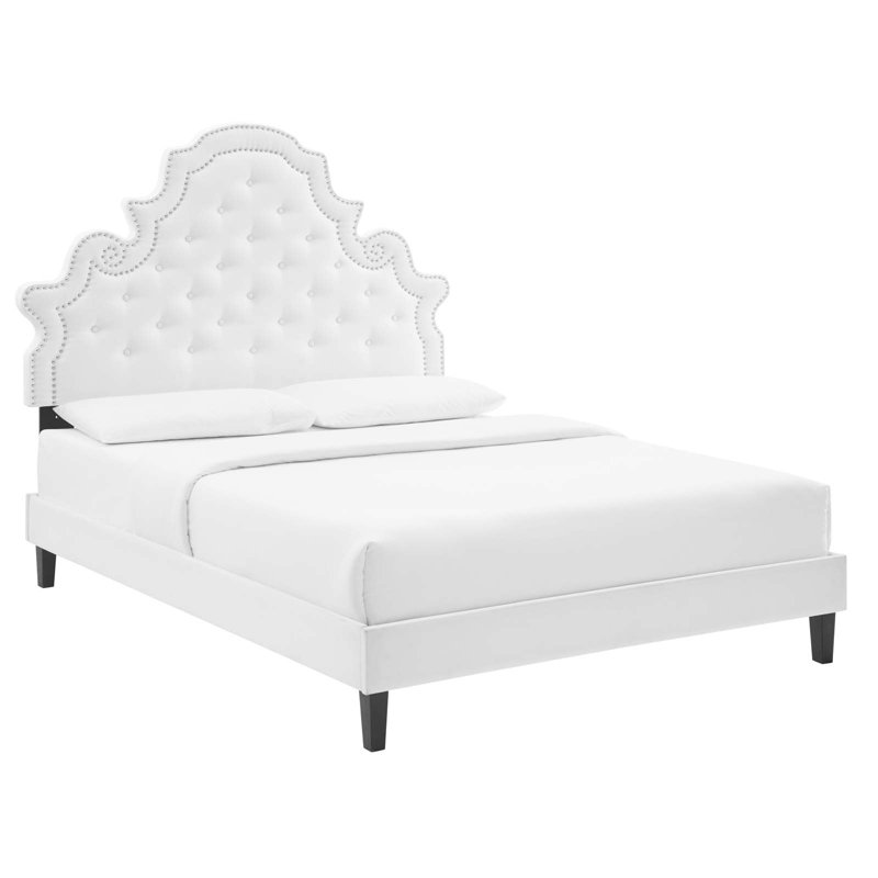 Gwyneth Tufted Performance Velvet Platform Bed, White, Full/Double