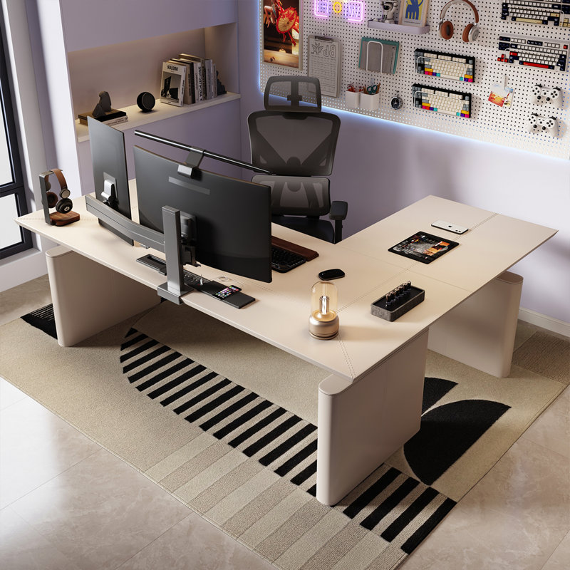 Bureau moderne à hauteur réglable en cuir beige L-Modern Modern Luxury