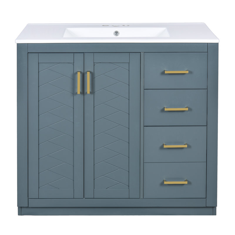 Meuble-lavabo simple 36 po avec comptoir en céramique 36 po, Bleu, Doré