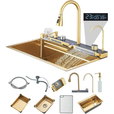 Kitchen sink with LED display and piano-style buttons. Features a three-in-one faucet, filtered water tap, soap dispenser, and glass cleaner (31.50 × 17.72 inches).