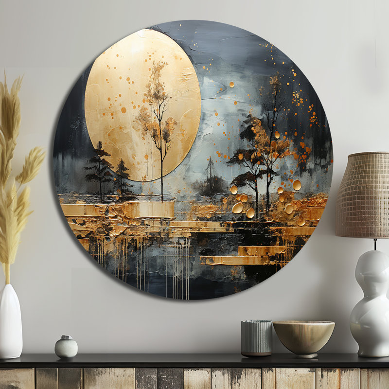 Or doré, lueur dorée I - Art abstrait rond en métal, H 29 po x l 29 po x P 1 po