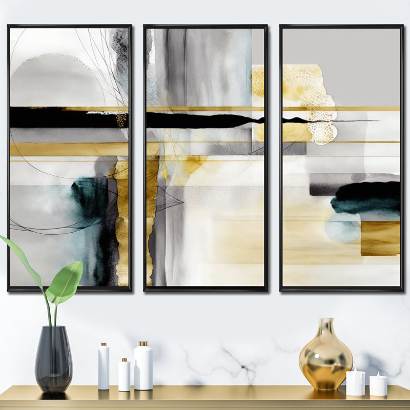 Abstrait, formes transitionnelles noires IV - 3 pièces sur toile, Cadre flottant noir, H 32 po x l 48 po x P 1 po