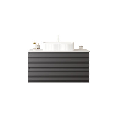 Armoire de salle de bain 36 po, contreplaqué mural gris, imperméable, décoloré, tiroirs spacieux, glissières, design scandinave gris, déformation, style moderne