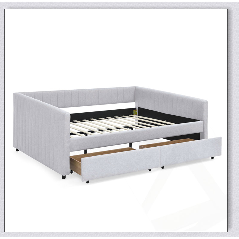 Beige Queen Bed with Foam Padding and Built-in Storage, Combining Comfort and Functionality for a Restful Night's Sleep.